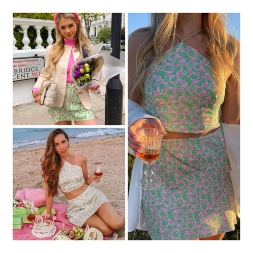 Zara floral halter crop top and mini skirt set green pink blogger favo